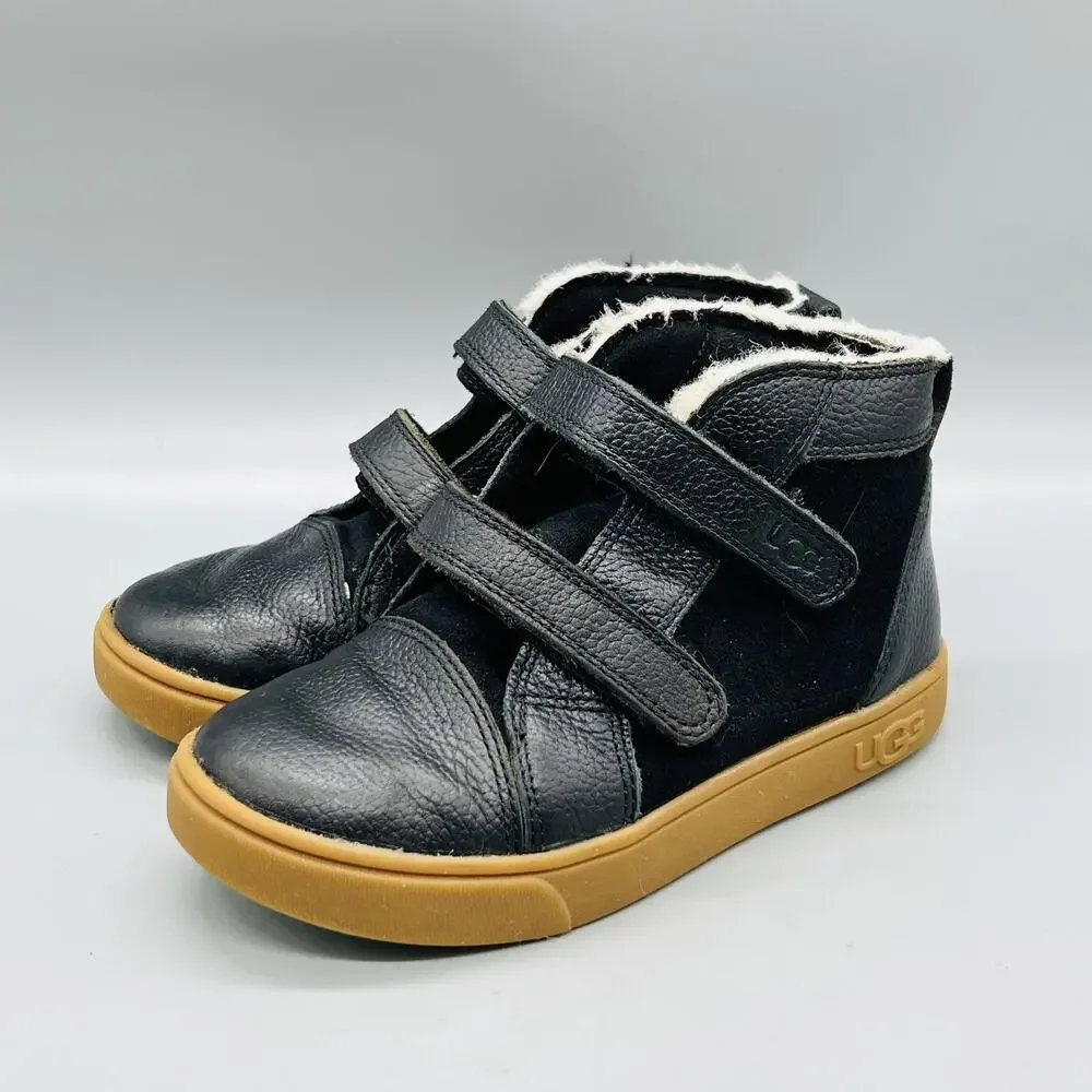 UGG Boots Boys 12 Black Leather Rennon II Hook & Loop High Top Shoes Winter